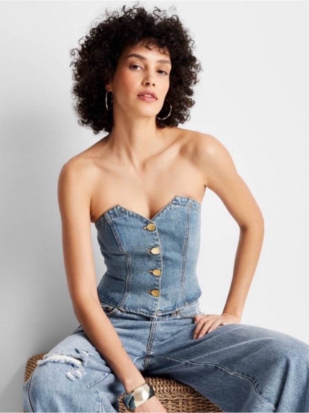 NWT Jenee Naylor Denim Corset Top with Gold Button Accents